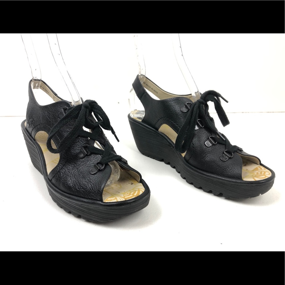 Fly London Ylfa Black Lace Up Wedge Heel Sandals